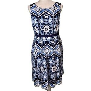 Talbots Women’s Blue‎ Medallion Print Fit & Flare Dress Sleeveless Knee Length 8